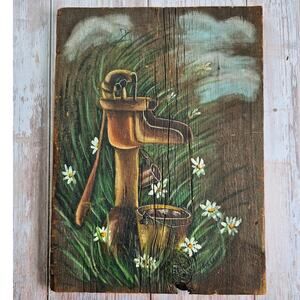 Vintage 1970s Hand Painted Wood Folk Art Rustic Farm Cottage Wall Decor
